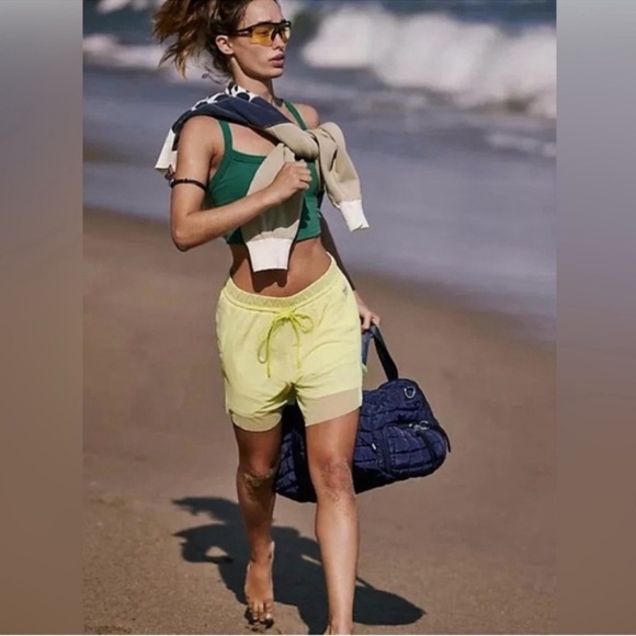 NWOT Free People Movement Mesh overlay Double Vision yellow Long Shorts size Med - Picture 2 of 3